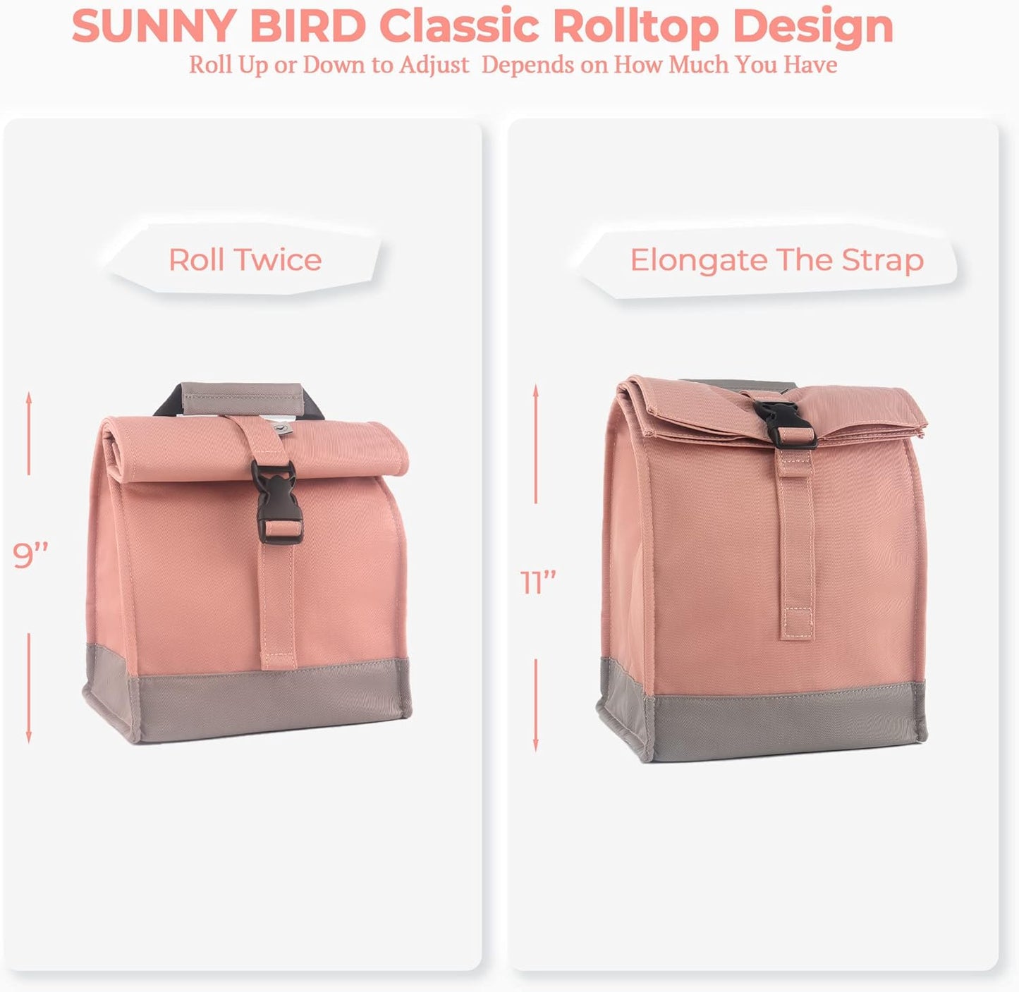 SUNNY BIRD Insulated Lunch Bag Pink Lunch Box Small Cooler Bag for Women, Girls, Adults and Teens (Pink)