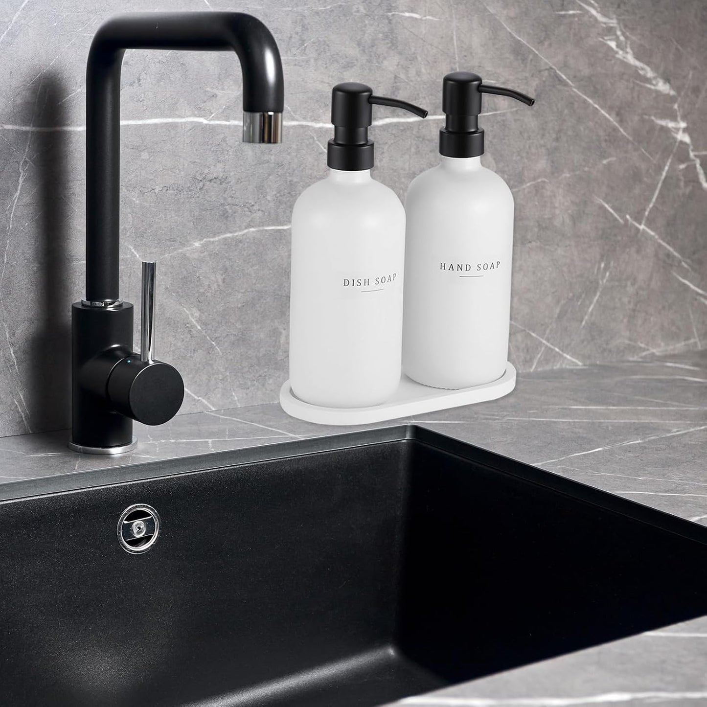 Glass Soap Dispenser - Dish Hand Soap Dispenser for Kitchen Set, Bathroom Soap Lotion Dispenser with 304 Rust Proof Pump, Tray, White Bottle/Black Pump