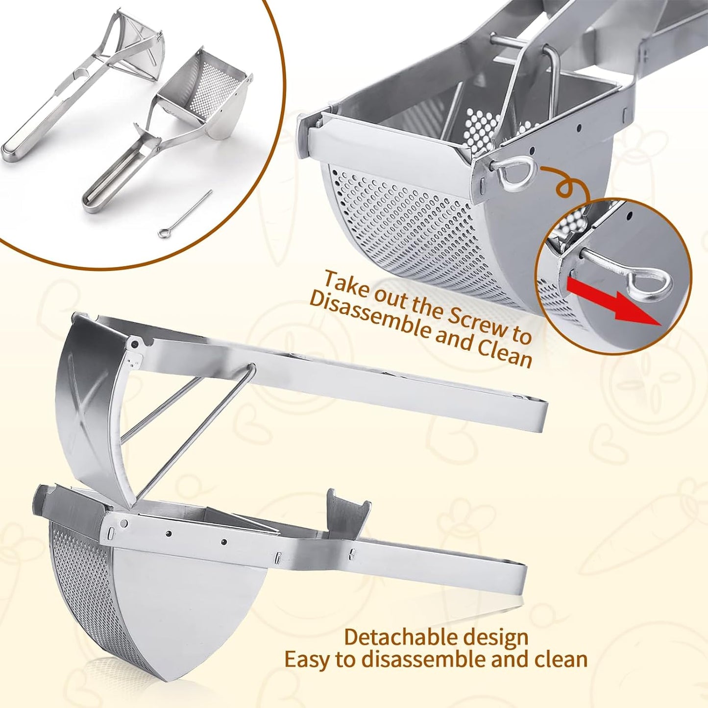 Heavy Duty Stainless Steel Professional Ricer for Mashed Potatoes and Ricer Kitchen Tool, Mash Potato Masher for Creamy Mashed Potatoes (Potato Ricer Set)