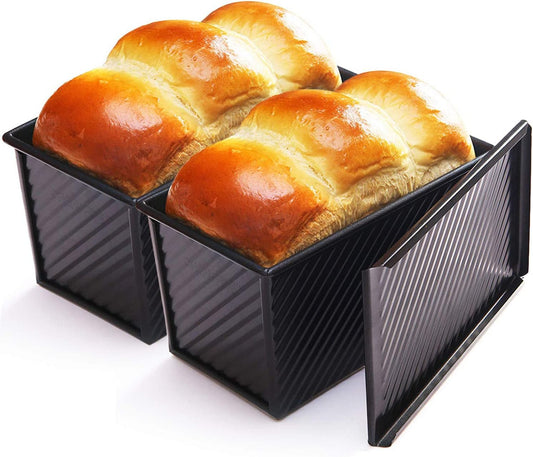 CHEFMADE Pullman Loaf Pan with Lid 2 Pcs, 1Lb Dough Capacity Non-Stick Rectangle Corrugated Bread Pan, Carbon Steel Toast Pan with Cover for Baking Bread - Black