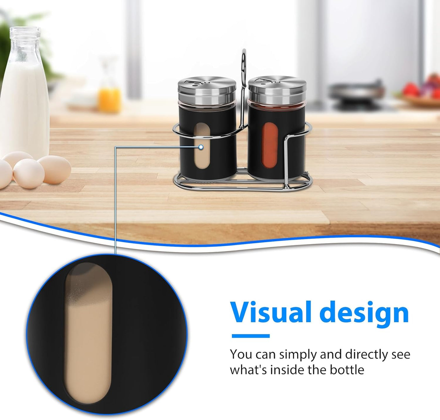 Glass Salt and Pepper Shaker Set with Seasoning Rack, Spice Rack, Adjustable Pour Hole Stainless Steel Lid, 2.8 oz, Spice Dispenser for Salt, Pepper, Spice Preservation (black)