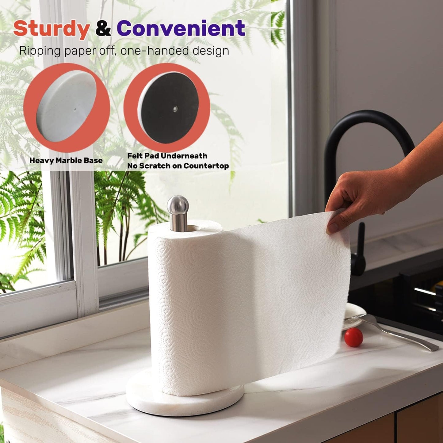 Heavy Weighted Paper Towel Holder, Easy One-Handed Design for Kitchen Stand, Sturdy Base for Standard and Mega Rolls (Silver Brushed)