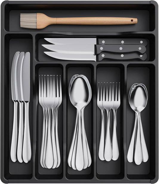 Lifewit Silverware Drawer Organizer Tray, Plastic Cutlery Storage for Kitchen Drawer, Flatware and Utensil Holder Divider for Spoons Forks Knives Tableware, 7 Compartment, Black
