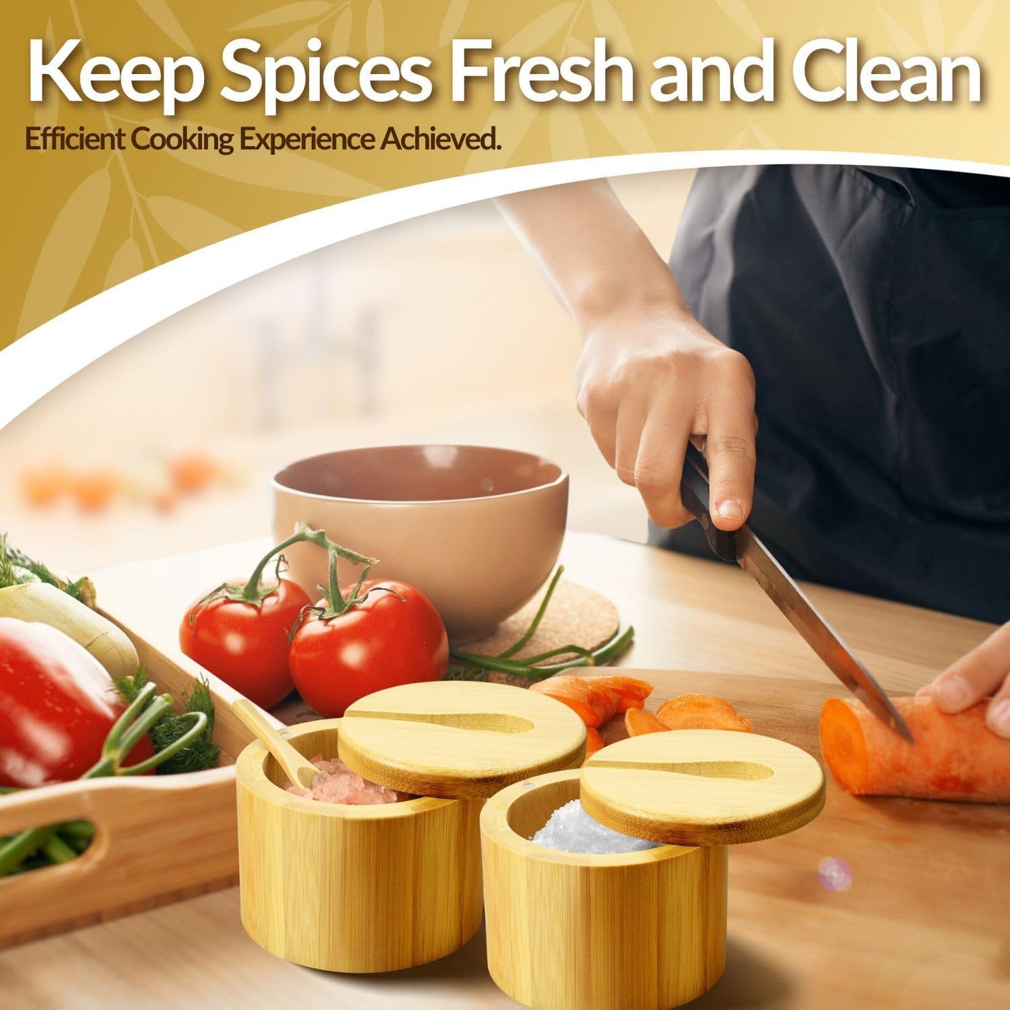 Flexzion Bamboo Salt Cellar with Lid and Spoon - Salt and Pepper Containers for Paprika, Herbs, Spice, Sugar - Bamboo Pepper Jar Storage Box Holder w/Magnetic Swivel Lid for Kitchen, 6 oz (Set of 2)