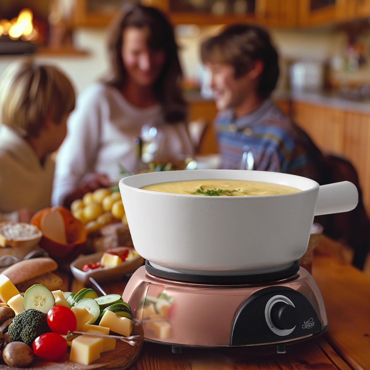 Artestia Electric Fondue Pot 2-QT 1500W, Dual-Use Swiss Fondue Set for Cheese & Chocolate Melting, Adjustable Temperature Control, White Ceramic Pot with Rose-Gold Base & 6 Forks