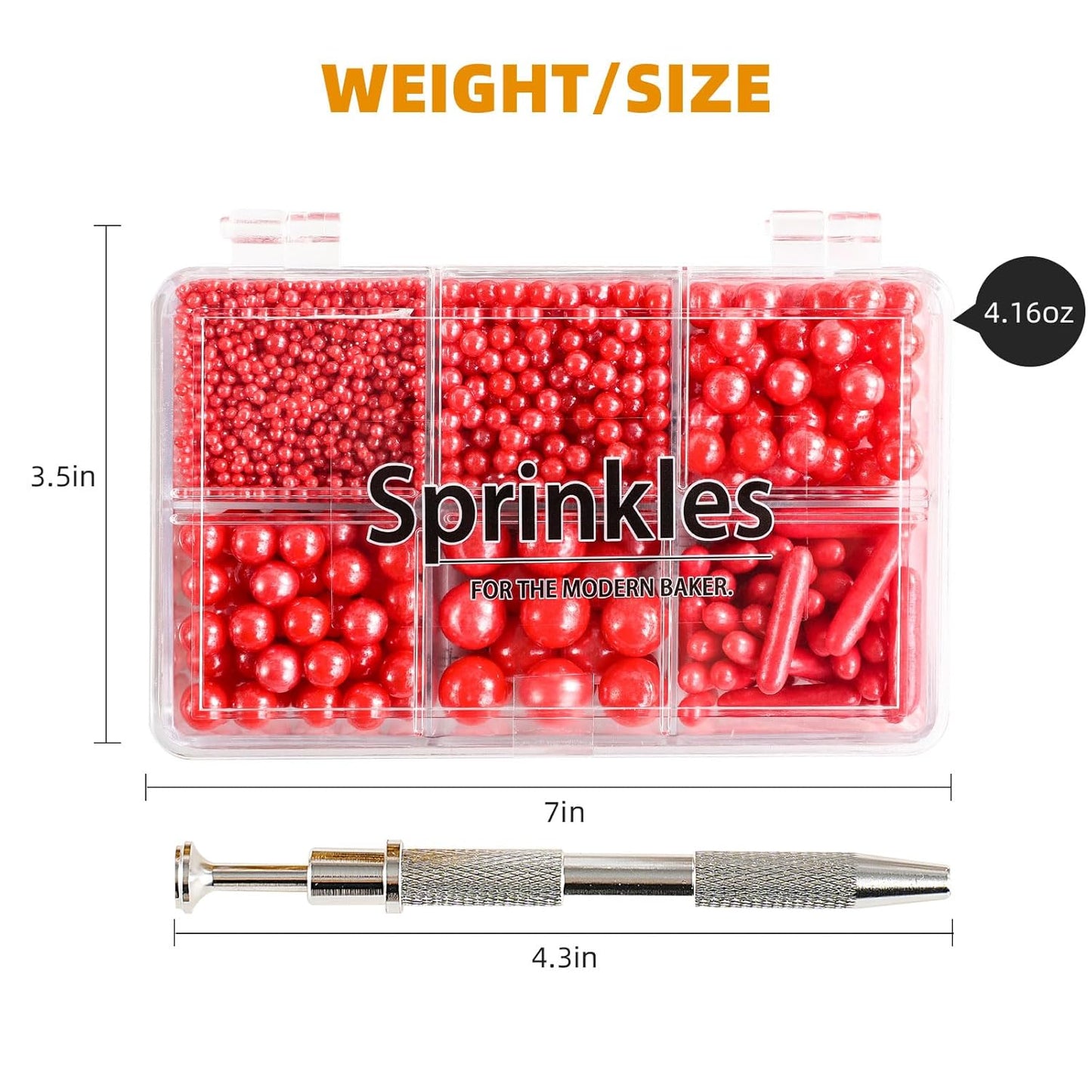 Kasvan Red Mix Sugar Sprinkles - Edible Candy Pearls with 4-Claw Sprinkle Pen,118g/4.16 Oz, Gift Box Pack, Baking Cake Decorations, Ice Cream Toppings and Cookie Decorating (Red)