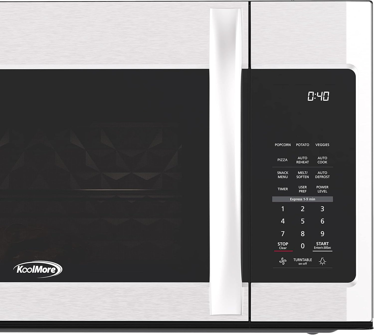 KoolMore KM-MOT-2SS Range Microwave Oven Lamp and 300CFM Recirculation Vent Hood, Auto Cook Menus, Reheat Function, 11 Power Levels, Timer, and Weight Defrost, 30 in/1.9 Cu. Ft, Silver