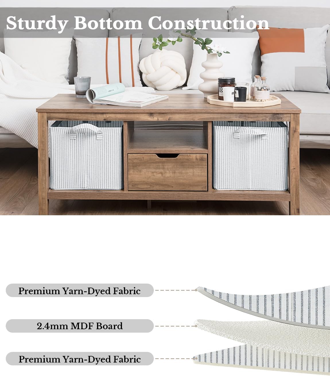 StorageWorks Storage Bins, Fabric Storage Bins for Shelves, Large Storage Baskets with Metal Frame, Closet Baskets and Bins with Handles, Khaki and Beige Stripes, 2-Pack