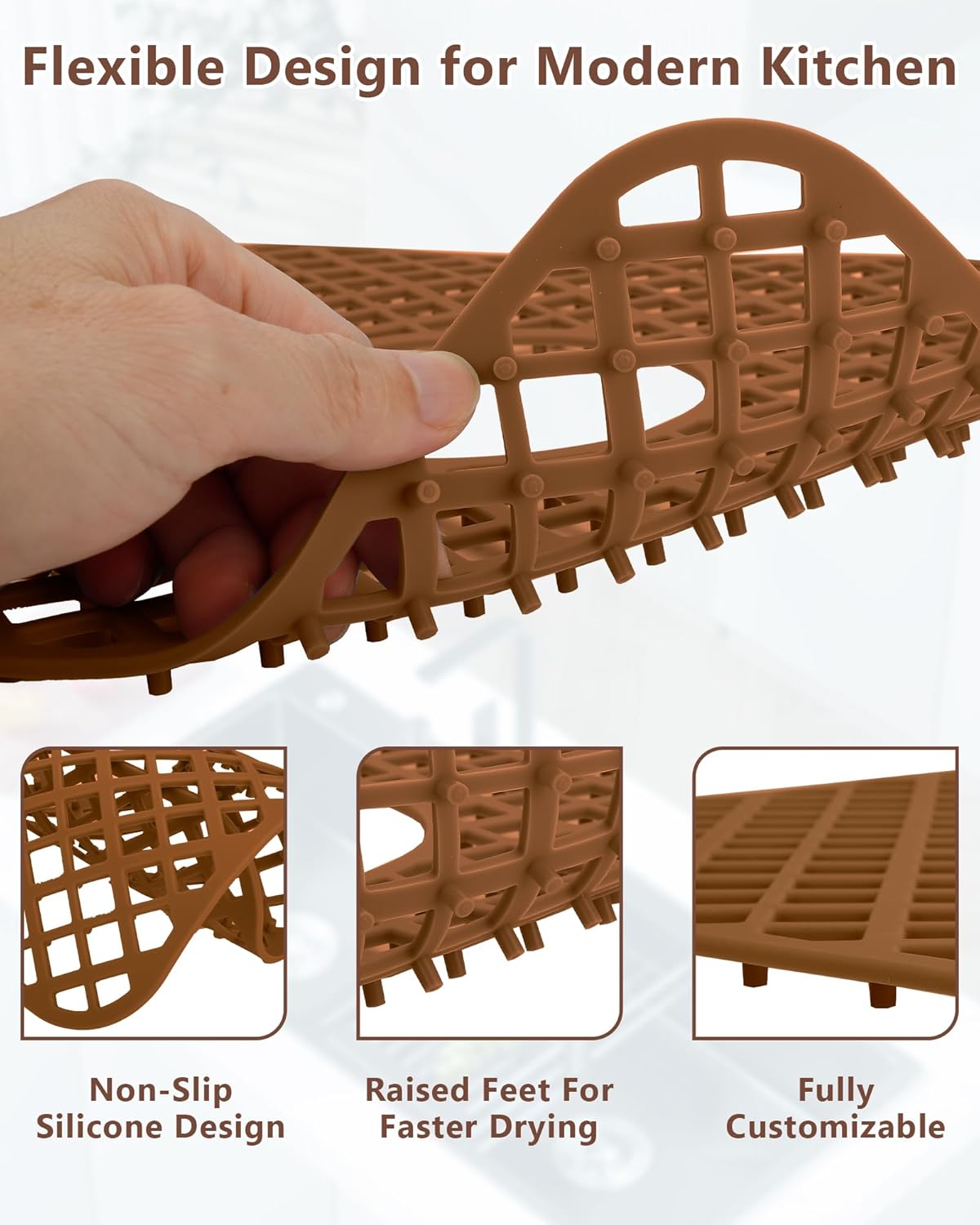 2 Pack Silicone Sink Protector for Kitchen Sink, Lozenge Pattern 13 x 11 inches Sink Grid Mat Silicone Protectors, Center Drain (Coffee)