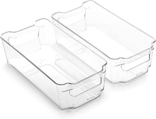 BINO | Stackable Storage Bins, Medium - 2 Pack THE STACKER COLLECTION Clear Plastic Built-In Handles BPA-Free Containers for Organizing Kitchen Pantry Multi-Use Organizer Bins