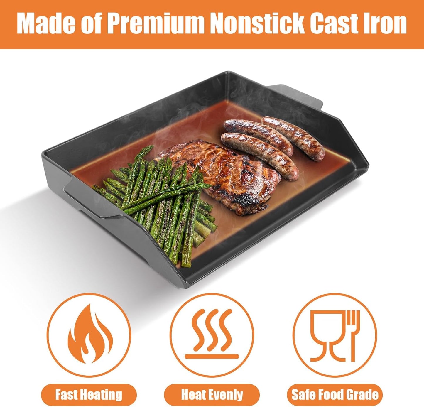 Universal Cast Iron Cooking Griddle Insert,Pre-Seasoned Nonstick Coating Griddle Pan for Gas Grill,BBQ Flat Top Grill Plate with High Sidewalls for All Grills and 4 Burner Range Oven,23" x 16"