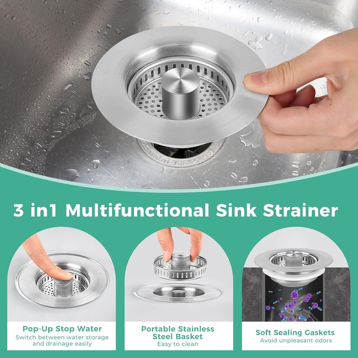 Kitchen Sink Drain Strainer/Strainer Basket, Upgraded 3 in 1 Stainless Steel Pop-up with Anti-Clogging Basket Sink Stopper, Suitable for US Standard 3-1/2" Sink Drain Hole (Brushed Nickel)