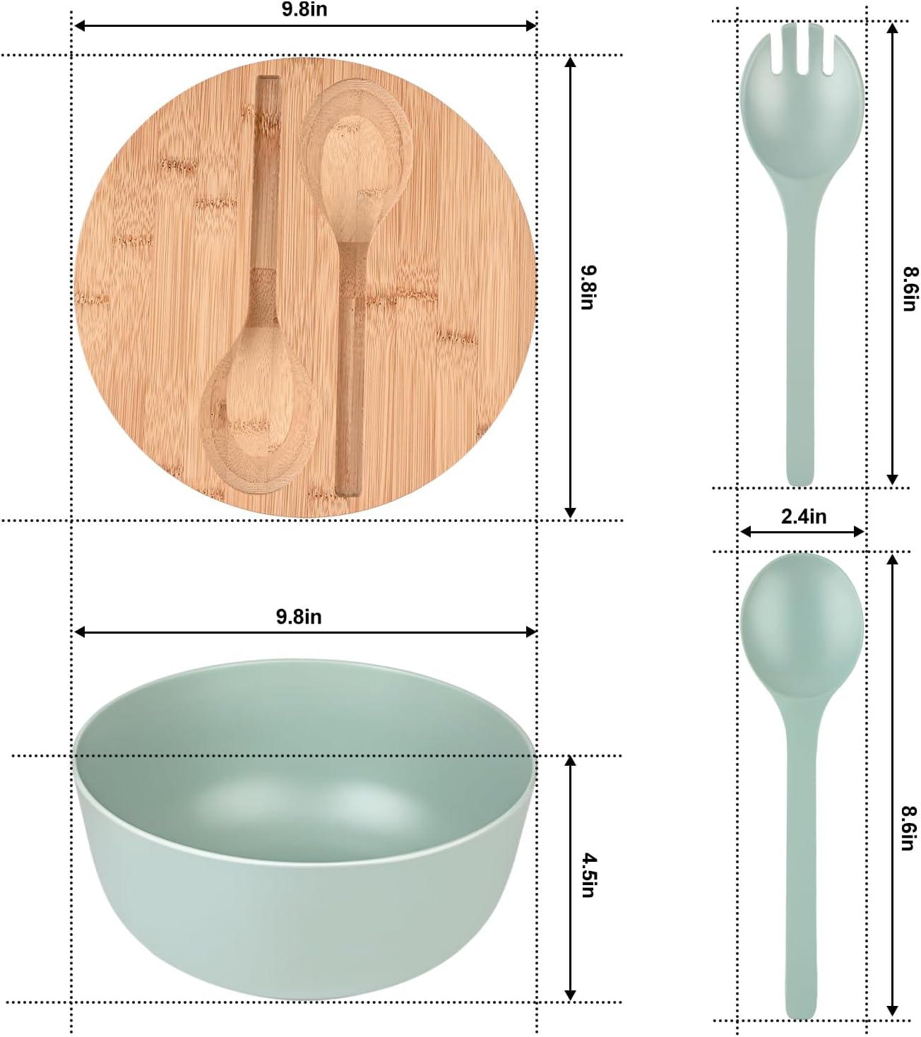 Bamboo Fiber Salad Bowl with Servers Set Large 9.8inches Nature Bamboo Mixing Bowl with Servers with Lid Spoon and Fork for Fruits,Salads and Vegetables