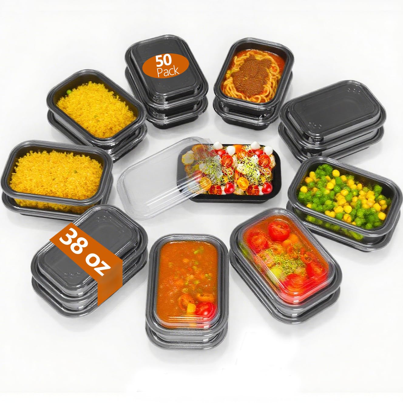 50 Pack (100-Piece) - 38oz Meal Prep Containers Salad & Snack Storage for Lunch | BPA Free & Leakproof Food Containers | To Go Take Out Plastic Bento Box | Microwave, Freezer, Dishwasher Safe