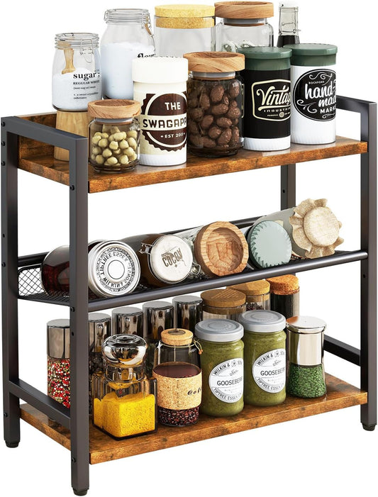 IBUYKE 3-Tier Spice Rack Industrial Counter Shelf Desktop Storage Organizer Standing Seasoning Rack for Countertop Kitchen Office Living Room Desktop Rustic Brown UTLJ021H