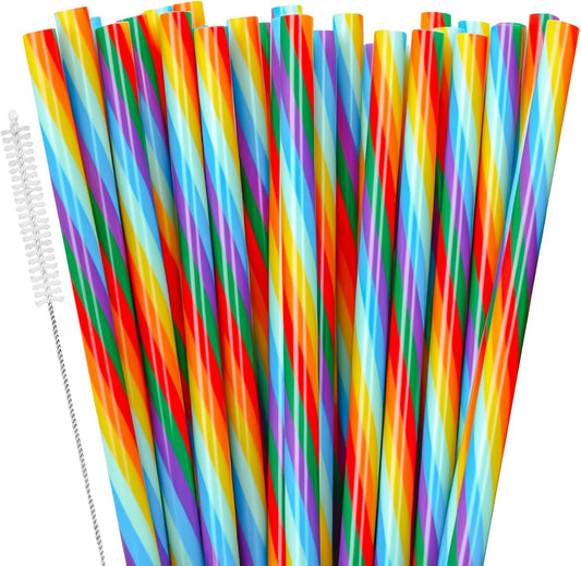 JANYUN 30 Pieces Rainbow Drinking Straws, 9inch Hard Platic Reusable Straws LGBT Gay Pride Colorful Rainbow Striped Straw for Pride Party Favors Decorations with Cleaning Brush