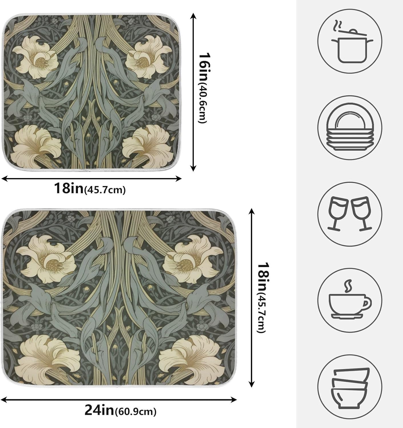 William Morris Flowers Print Dish Drying Mat for Kitchen Counter Absorbent Microfiber Small Drying Pad Dish mats for Kitchen Countertops 16 x 18 Inch