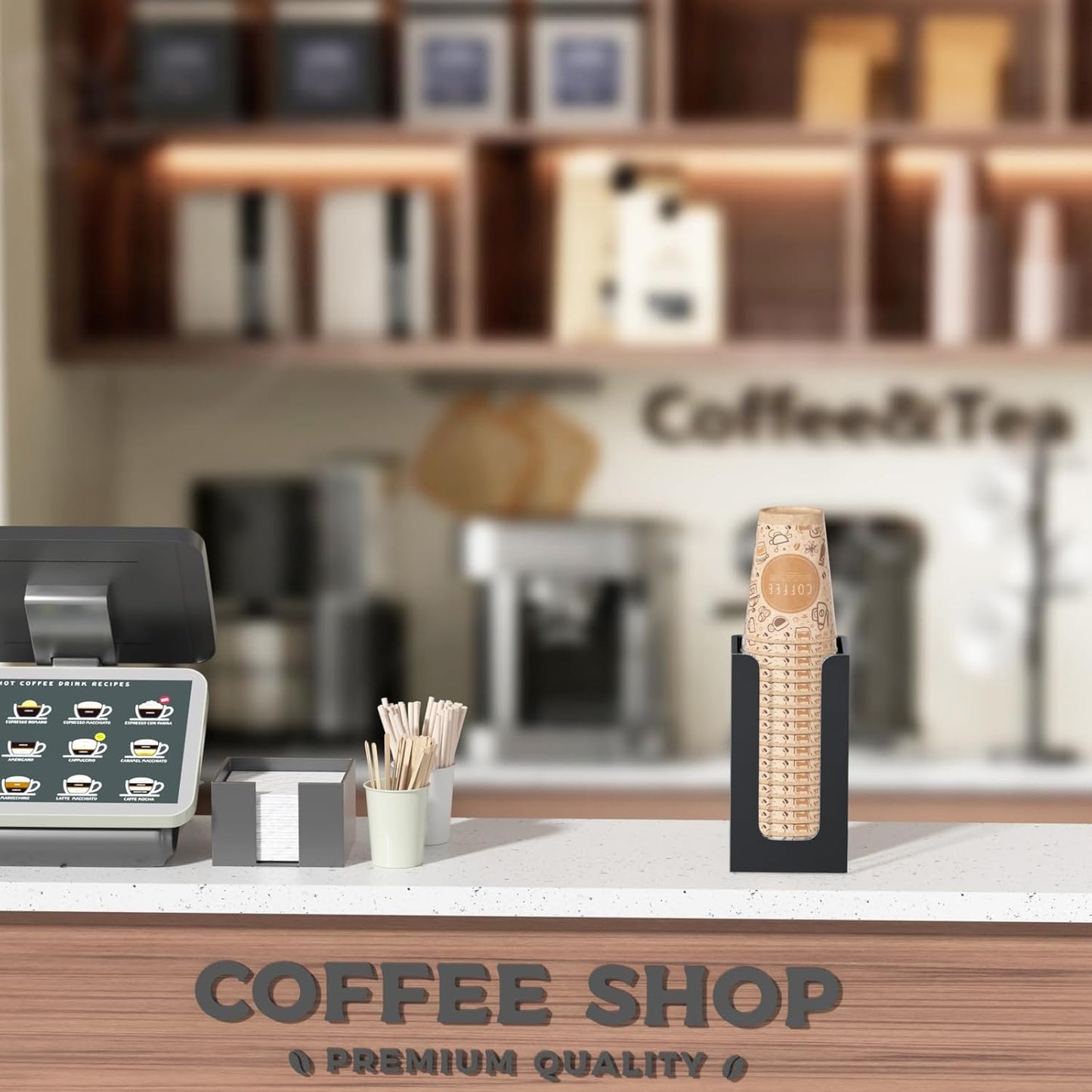 WINFFOR Disposable Cup Organizer Dispenser - Black Acrylic Cup and Lid Holder with Handles Plastic Cup Dispenser Countertop Paper Coffee Cup Holder for Coffee Bar House Party Essentials