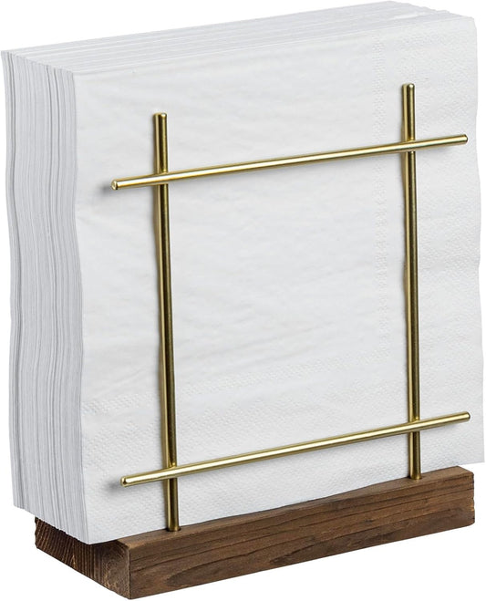 MyGift Napkin Holder for Table, Wire Metal Napkin Dispenser with Wood Base Kitchen Countertop, Contemporary Brass-Tone Tabletop Dining Decor