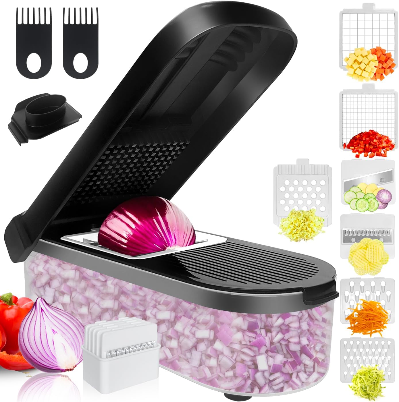 LHS Multifunctional Food Chopper - 10 in 1 Veggie Slicer, Dicer, Cutter for Onions, Potatoes and More - Black Container Included