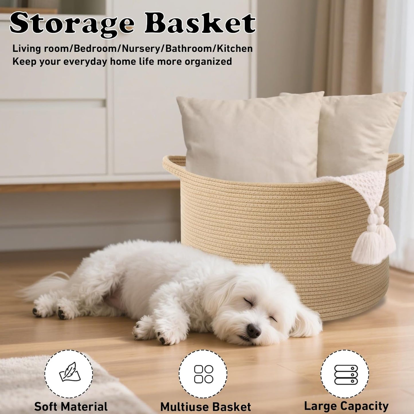 Large Blanket Basket for Organizing,65L Closet Organizers and Storage Bins Box for Shelves Woven Rope Storage Baskets,Living Room,Bedroom,Dorm,Laundry room (Camel)
