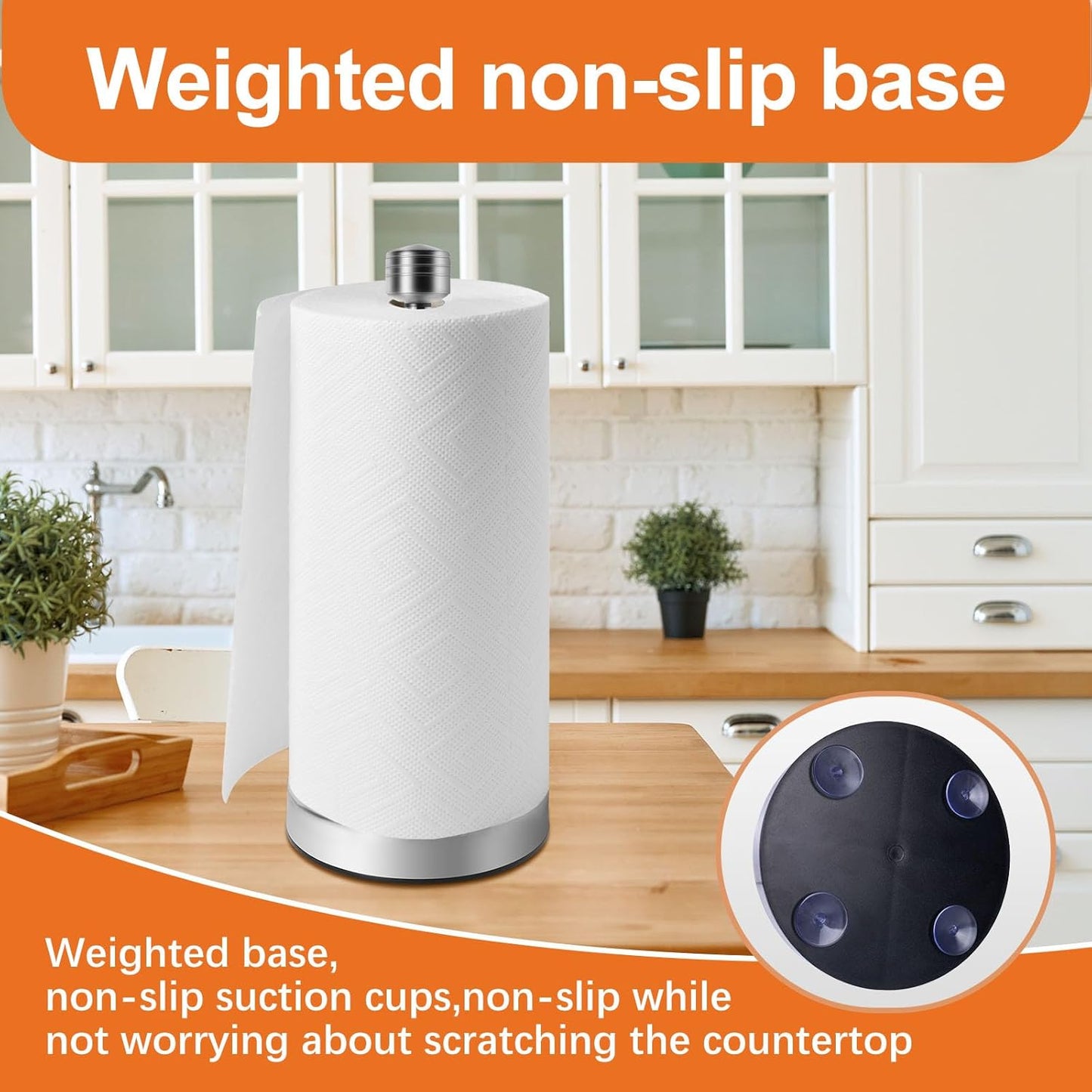 Stainless Steel Silver Paper Towel Holder Designed for Easy One-Handed Operation - This Sturdy Weighted Paper Towel Dispenser Countertop Model Has Suction Cups and Holds All Paper Towel Rolls