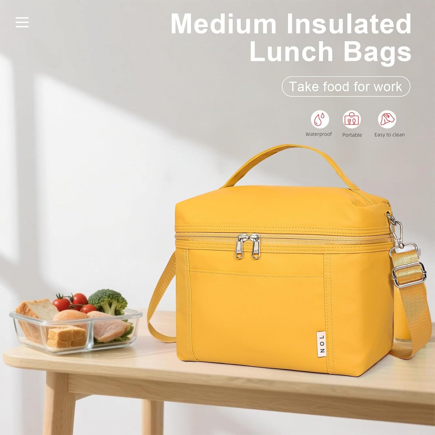 NOL Natural Organic Lifestyle Insulated Lunch Bags for Women Cooler Bag Lightweight Nylon Waterproof Lunch Box For Work (Earth-yellow, Medium(normal))