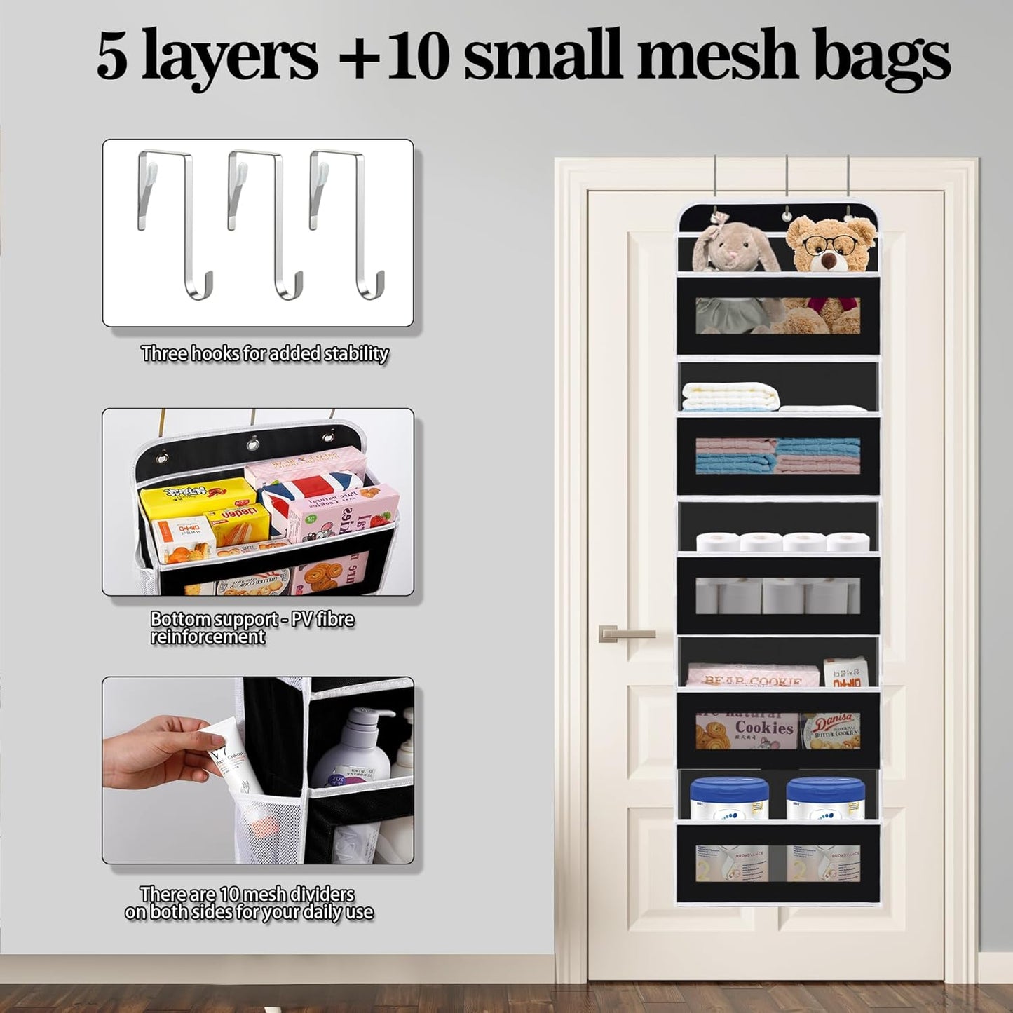 Over The Door Organizer, 5 Shelves Closet Door Hanging Organizer with 10 Mesh Pockets, Nursery Closet Organizers, Baby Essentials, Dorm Room Essentials for Girls