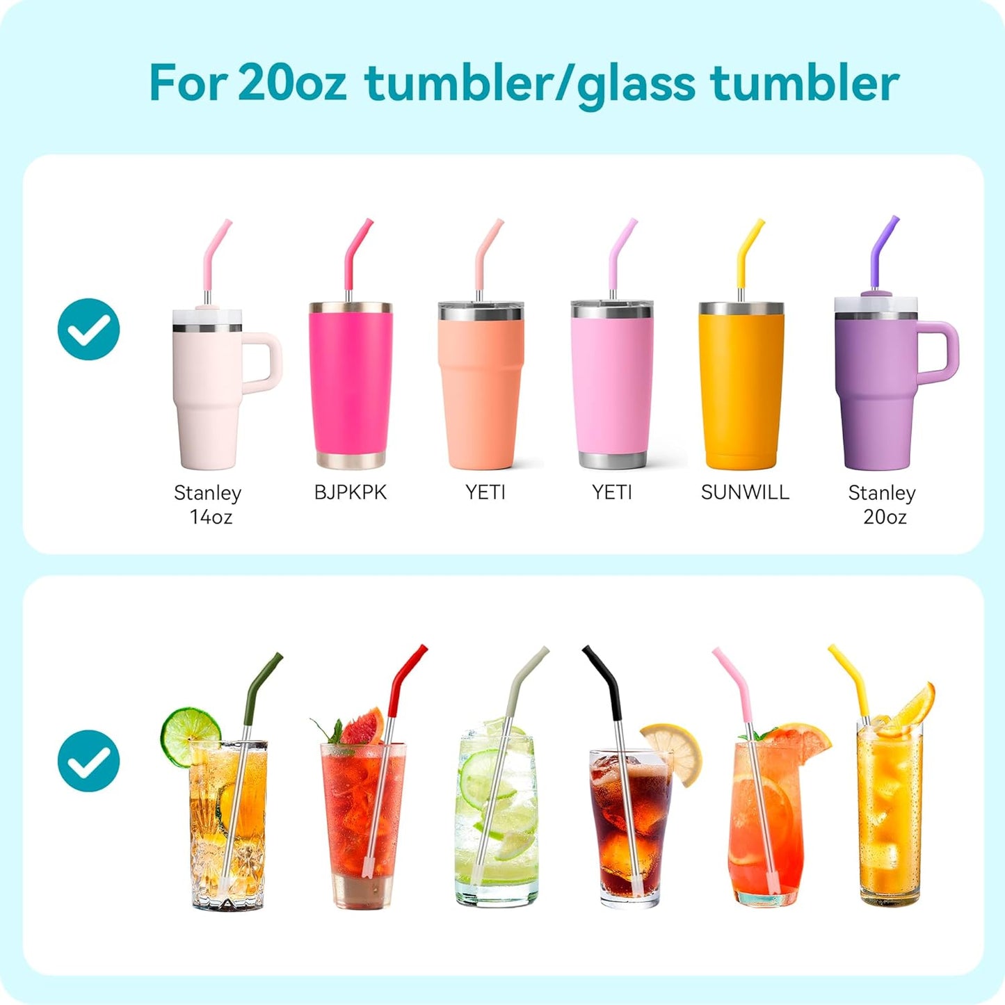 6 Pcs Reusable Metal Straws, Stainless Steel Straws with Silicone Tip for 20 oz Tumbler, Long Drinking Replacement Straw for YETI, STANLEY, US Acrylio, BJPKPK, Simple Modern and so on