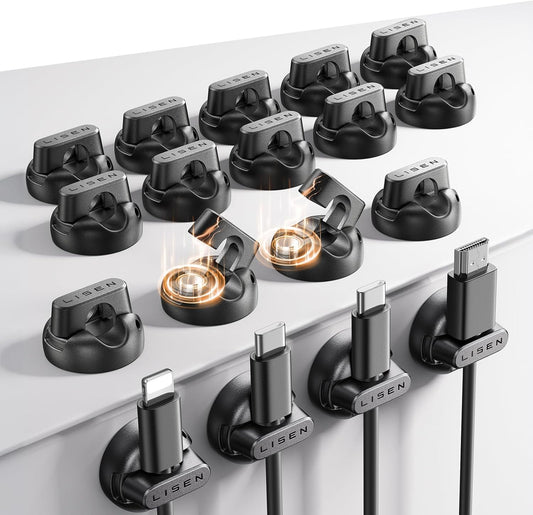 18-Pack Magnetic Cable Clips [1S Snap-On] Cord Holder, LISEN Office Desk Organizers and Accessories with 9 Extra Strong Adhesive Pads, Wire Organizer for Nightstand, Home, Wall, Car, Desktop