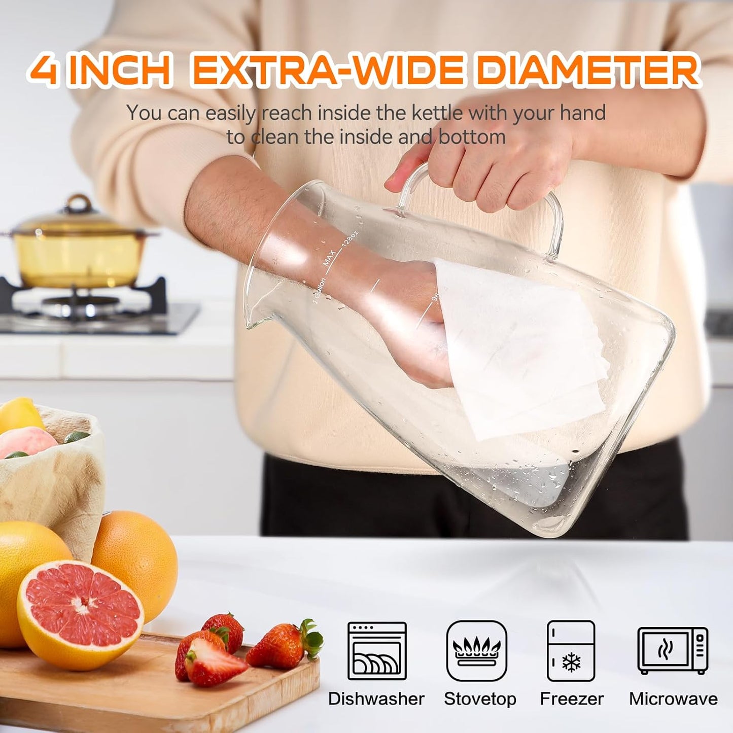 1 Gallon 128oz Glass Pitcher, Water Pitcher with Lid and Spout, Glass Carafe for Hot/Cold Drink, Water Jug for Iced Tea, Coffee, Juice, Milk, Beverage (Extra-Wide Mouth)