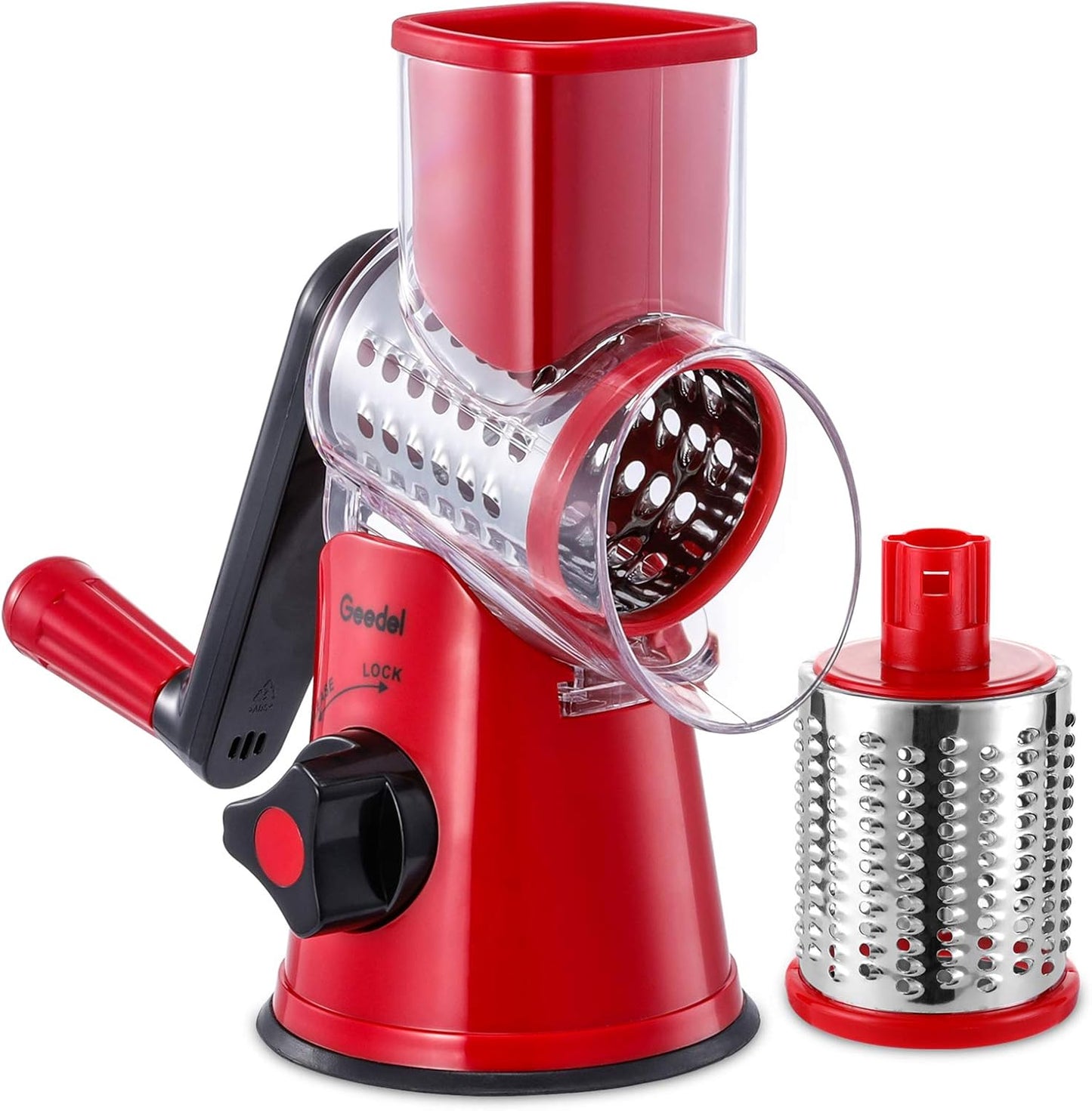 Geedel Rotary Cheese Grater, Kitchen Mandoline Vegetable Slicer with 2 Interchangeable Blades, Easy to Clean Rotary Grater Slicer for Fruit, Vegetables, Nuts