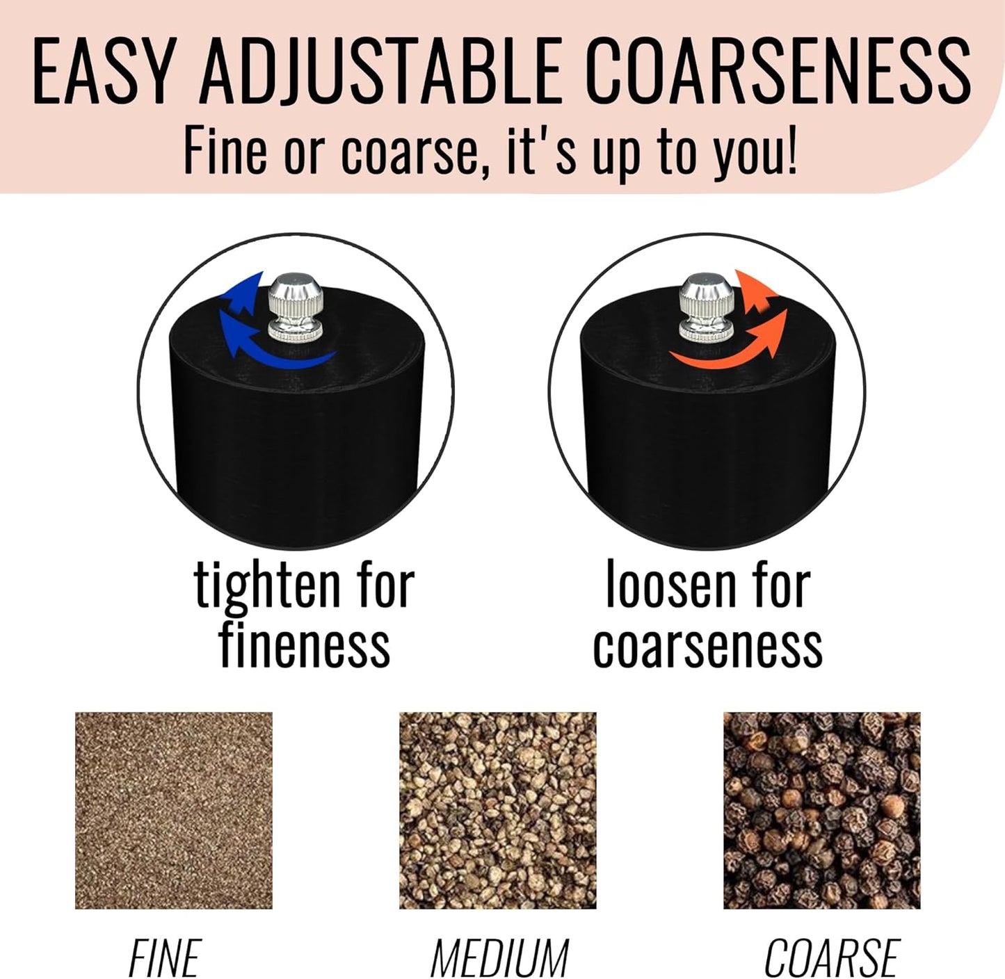 Manual Salt and Pepper Grinder Set of 2 | Large Round Salt and Pepper Shakers Set | 7.5 inch Stainless Steel Salt Grinder Refillable | Pepper Grinder Manual (Black)