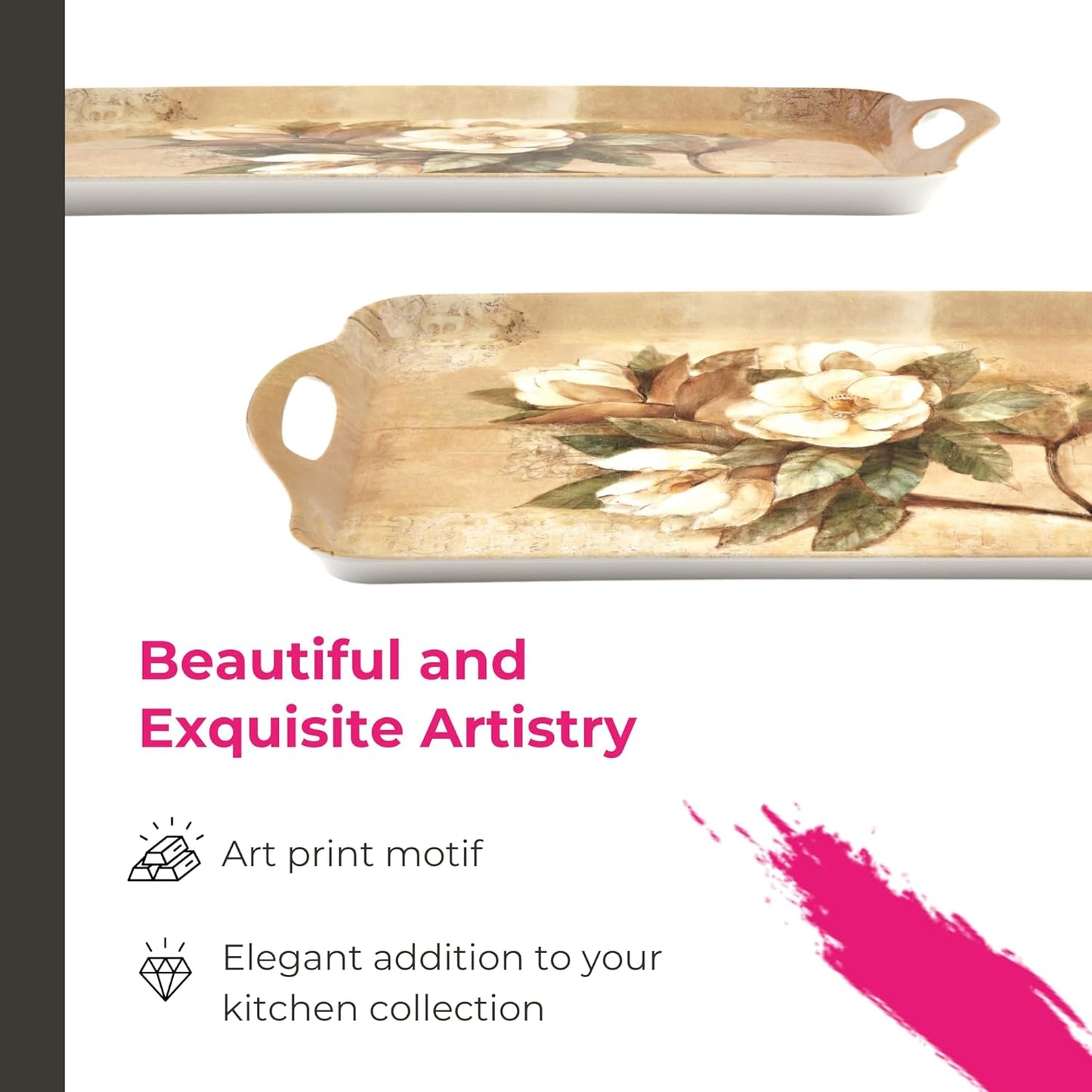 Pimpernel Sugar Magnolia Large Handled Tray - Rectangular Melamine Serving Tray with Bright Floral Magnolia Design & Side Handles - Dishwasher Safe Platter for Snacks Drinks/Decorative Table Display