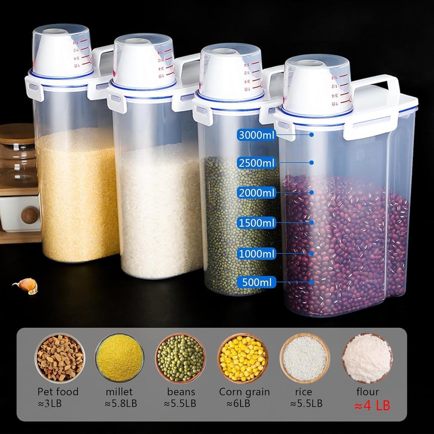 2 set 3-5 LB Rice Storage Bin Flour Cereal Containers Dispenser with BPA Free + Measuring Cup + Pour Spout - Perfect for Rice Flour Baking Supplies Pet Dog Food Storage