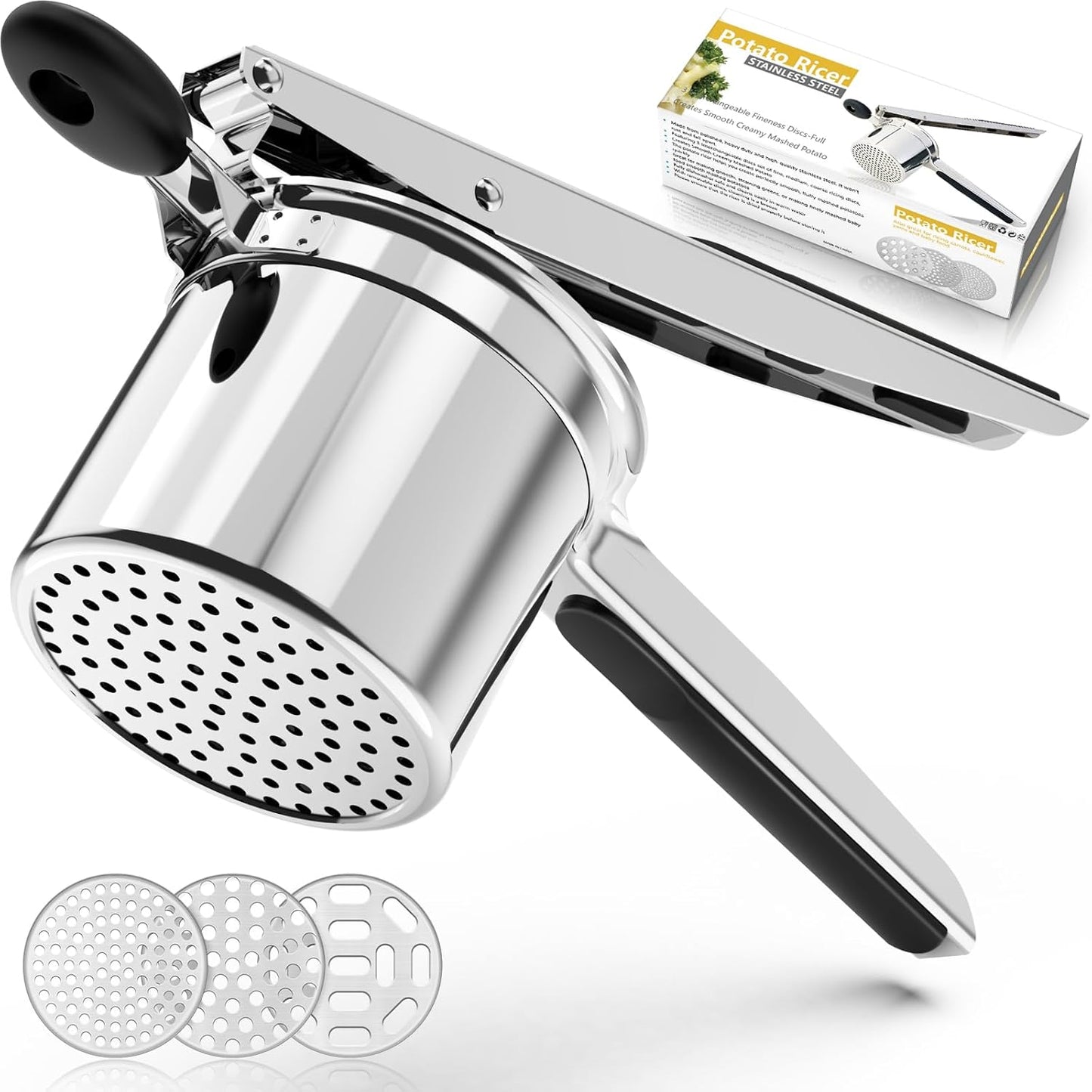 Potato Ricer, Ricer for Mashed Potatoes, 3 Interchangeable Discs Potato Masher Stainless Steel for Fluffy Mashed Potatoes, Heavy Duty Spaetzle Maker with Silicone Handle, for Gnocchi Spaghetti