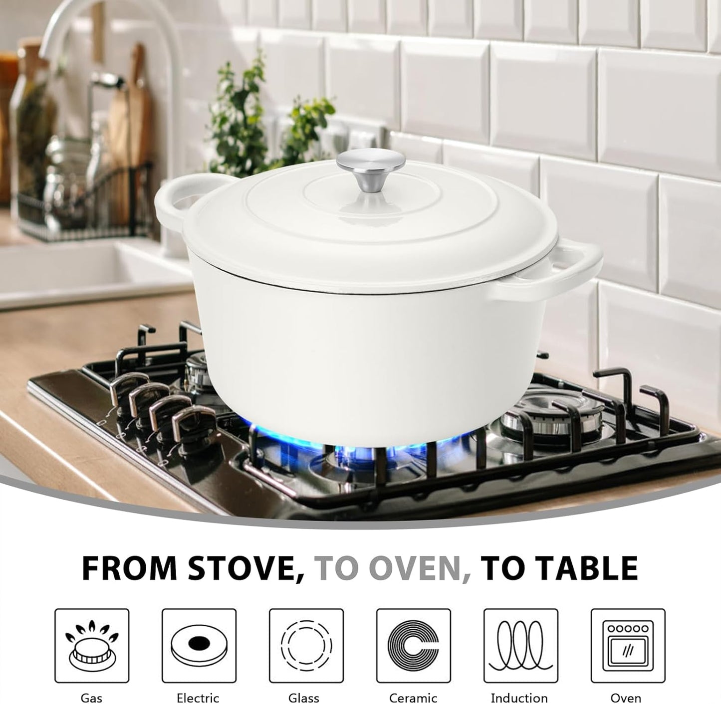 E-far 6 Quart Dutch Oven, Enameled Cast Iron Dutch Oven Pot with Lid, Nonstick Round Cookware for Braising/Stews/Roasting/Bread Baking/Cooking, Heavy Duty, Induction & Oven Safe - White