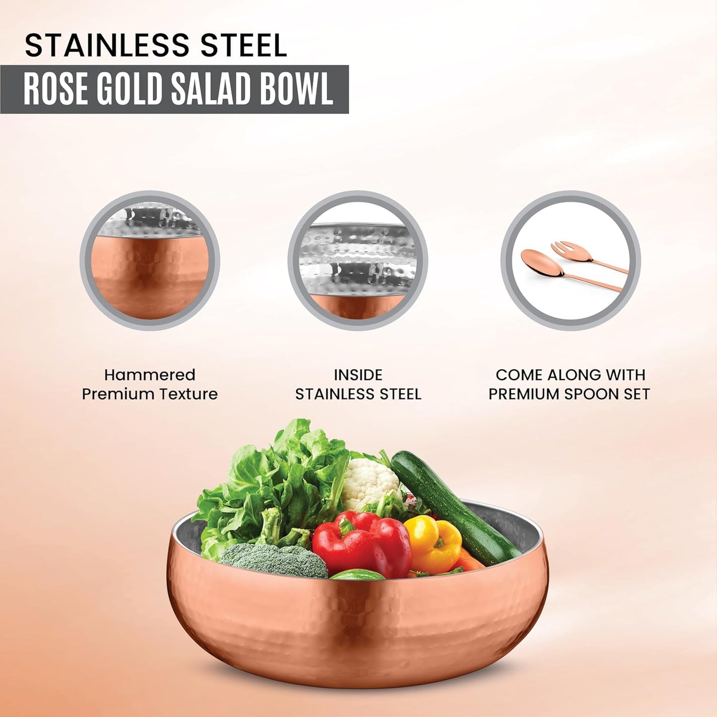 Avador® Set of 3 Premium Stainless Steel Salad Mixing Bowl Hammered Finish | Handmade | Includes Salad Serving Utensils (Rose Gold)