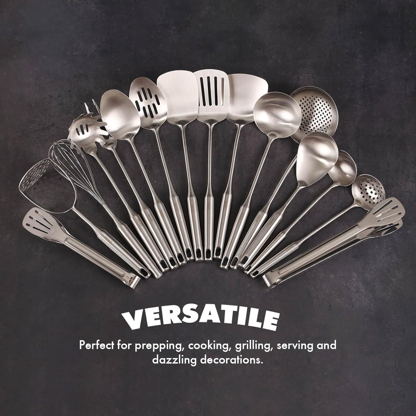 18/10 Stainless Steel Cooking Utensils Set - 16 PCS All Metal Kitchen Tools, Serving Utensils - Whisk, Masher, Fork, Tongs, Solid/Slotted Spoon, Spatula, Turner, Ladle, Skimmer, Pasta, Large Spoon Set