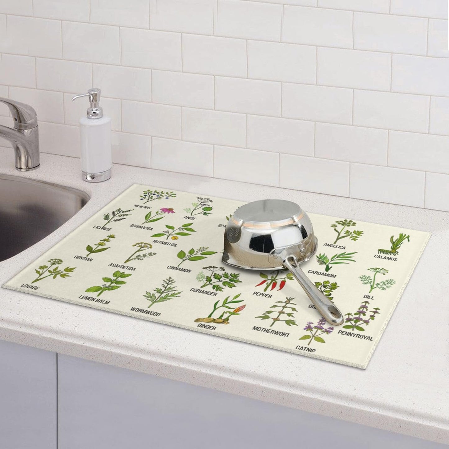 Cute Herbs Botanic Garden Plants Dish Drying Mat for Kitchen Counter Modern Drying Pad 18x24 Inch Absorbent Reversible Dish Drainer Rack Mats