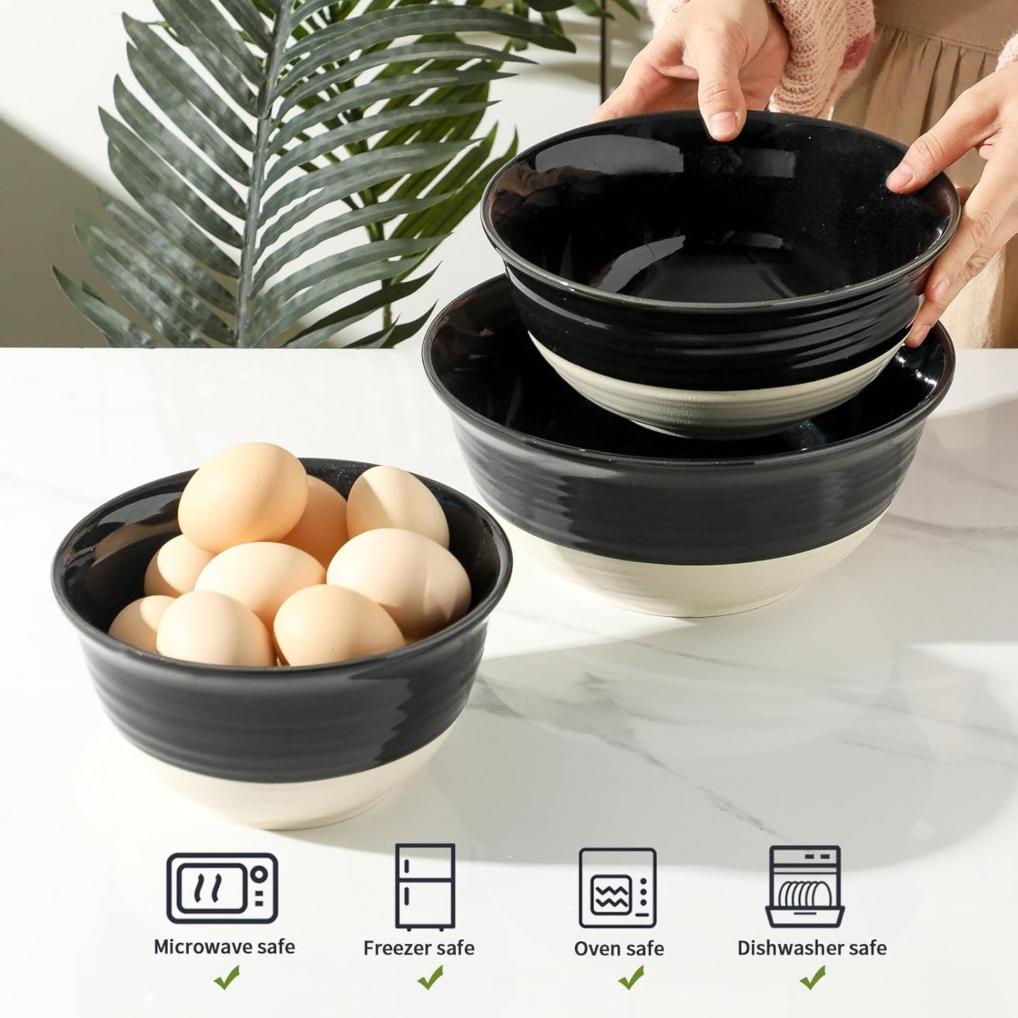 Hasense Large Ceramic Mixing Bowls, 2.1/1.5/1.0 Qt Salad Bowls for Kitchen, Versatile Serving Bowls for Cooking, Baking, Salad Mixing, Prepping, Nesting Black Bowl Set of 3, Dishwasher Microwave Safe