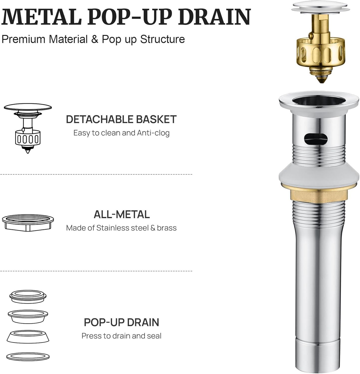 Pop up Sink Drain Stopper for Bathroom Vessel Vanity Sink Art Basin Chrome, Small Cap with Overflow, Metal Pop-up Drain Strainer with Detachable Basket Stopper