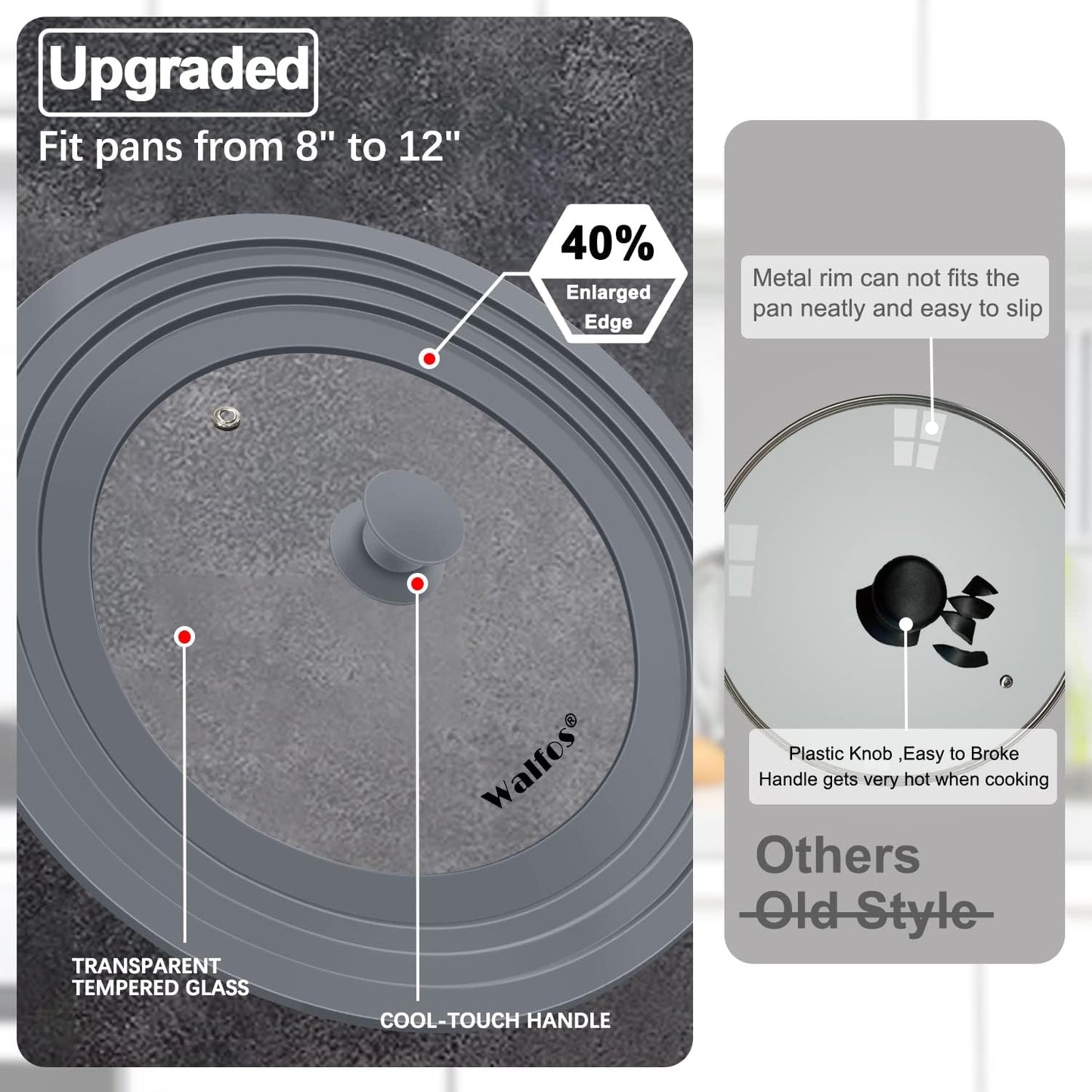 Universal Lid for Pots, Pans and Skillets - Walfos Tempered Glass Pan Lid with Heat Resistant Silicone Rim, BPA Free Large Pot Lids Fits 8" to 12" Diameter Cookware, Dishwasher-Safe, Grey