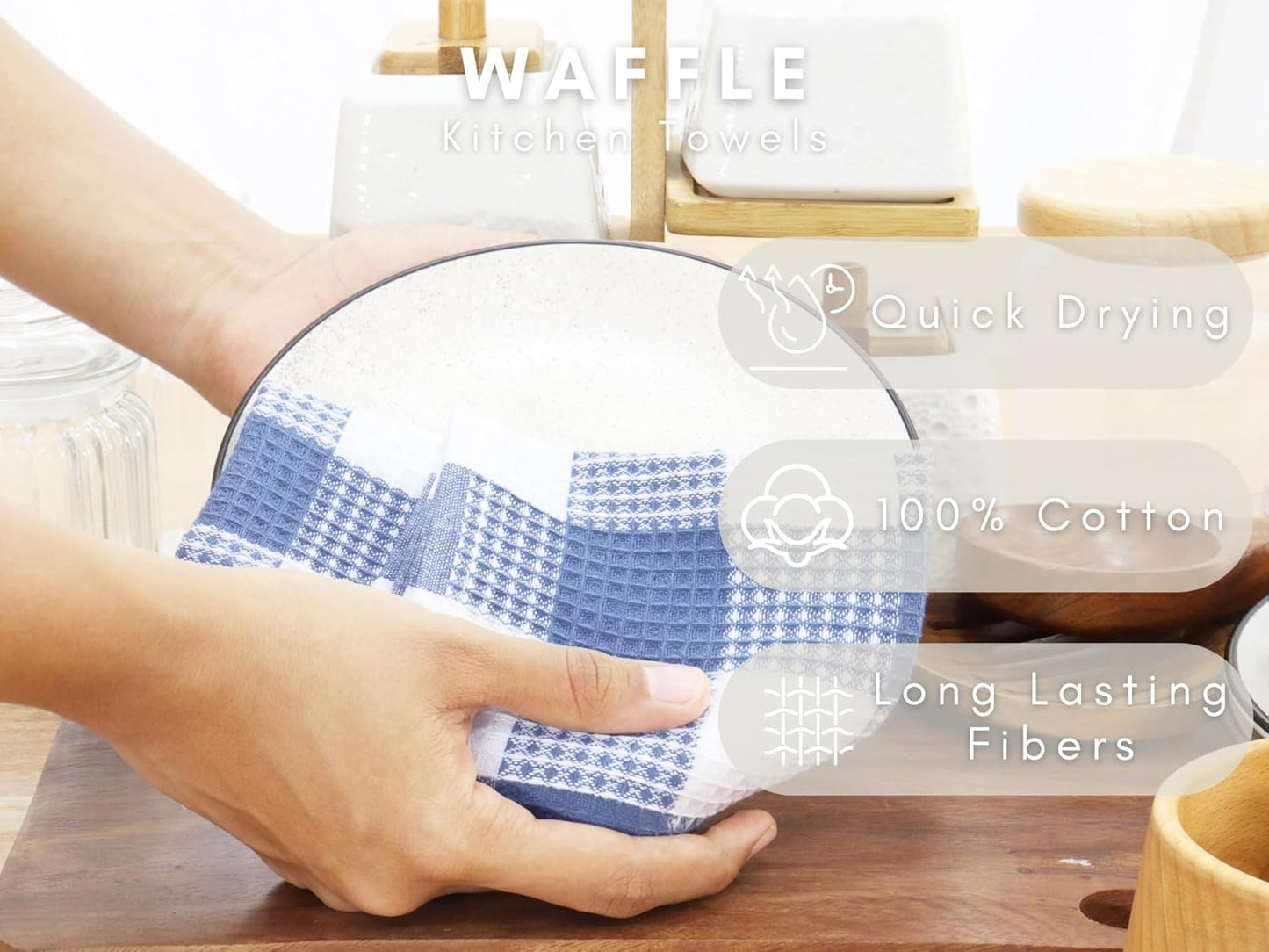 PurpleEssences 100% Cotton Waffle Weave Check Plaid Kitchen Towels, Super Soft and Absorbent Dish Towels for Drying Dishes 15 x 25-6 Pack - Spring Summer - Smoky Grey and White