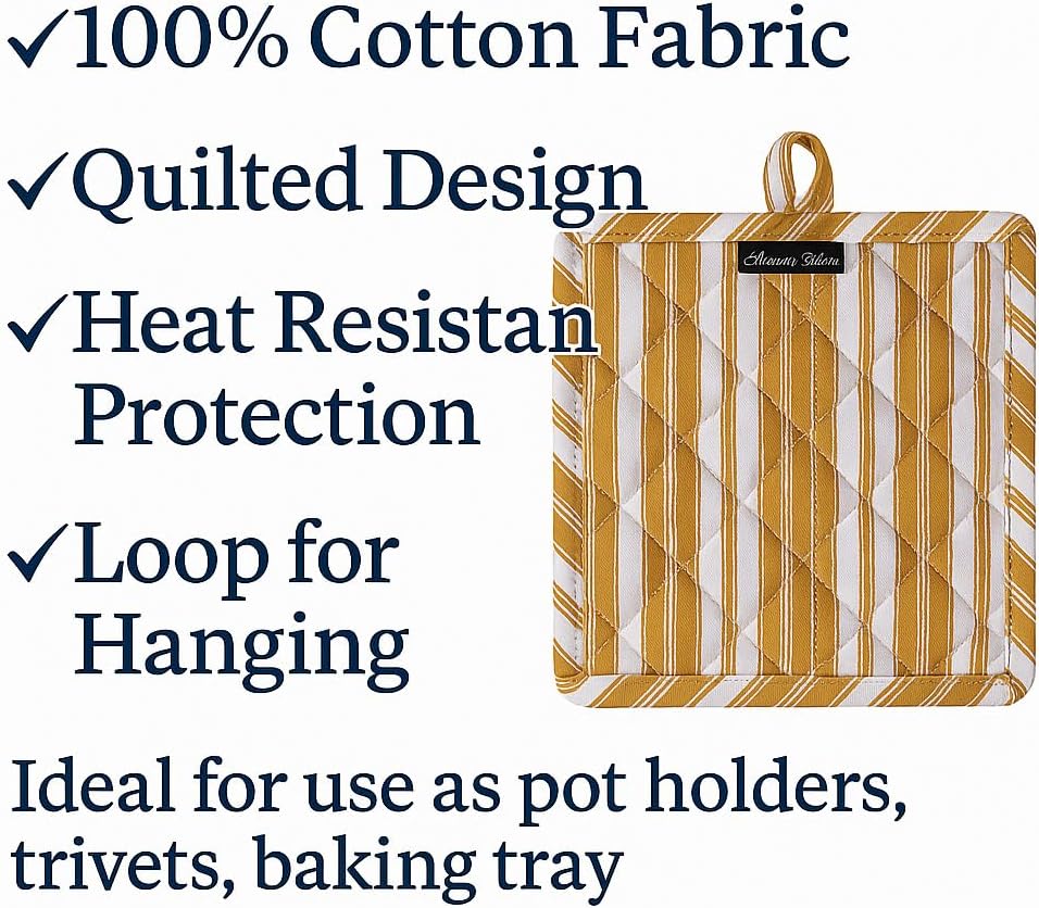 AMOUR INFINI Double Stripe Pot Holders Heat Resistant Cotton Set of 3 Nonslip 8"x8" Inch Hot Pads for Kitchen, BBQ, Baking & Cooking with Hanging Loops (Yellow)