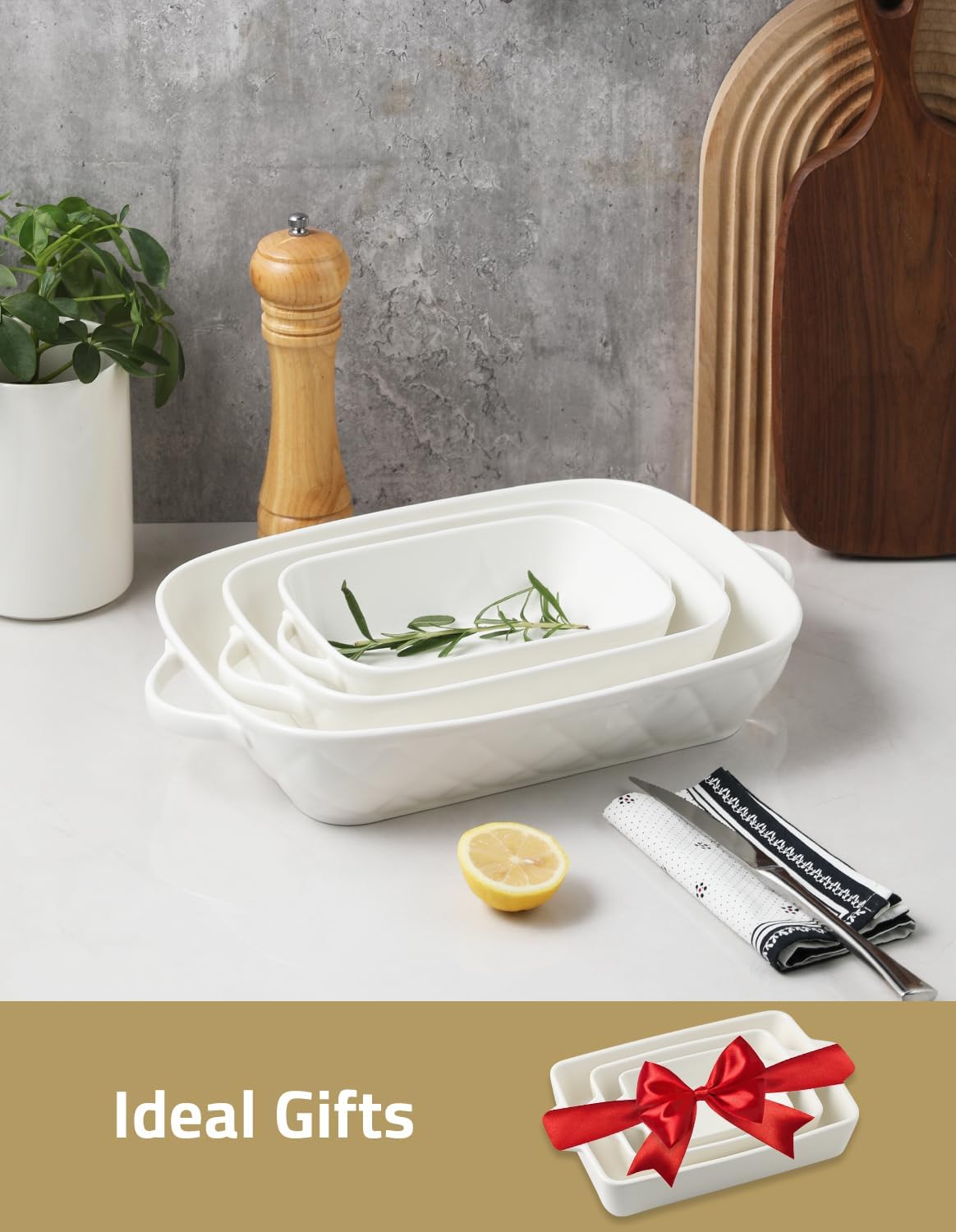 Sweejar Casserole Dishes for Oven, Baking Dish Set of 3,Ceramic Bakeware Set, Rectangular Baking Pan for Cooking,Kitchen,Banquet,12.2x9.2x2.5 Inches (White)