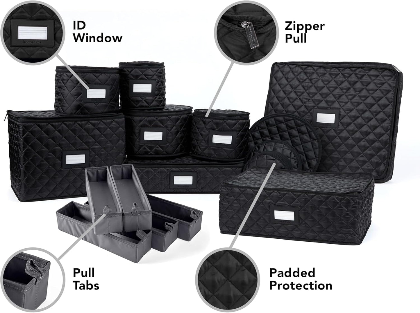 Covermates Keepsakes - Dish Storage Set - Padded Protection - ID Window - Stain Resistant - Machine Washable - China Storage, Black