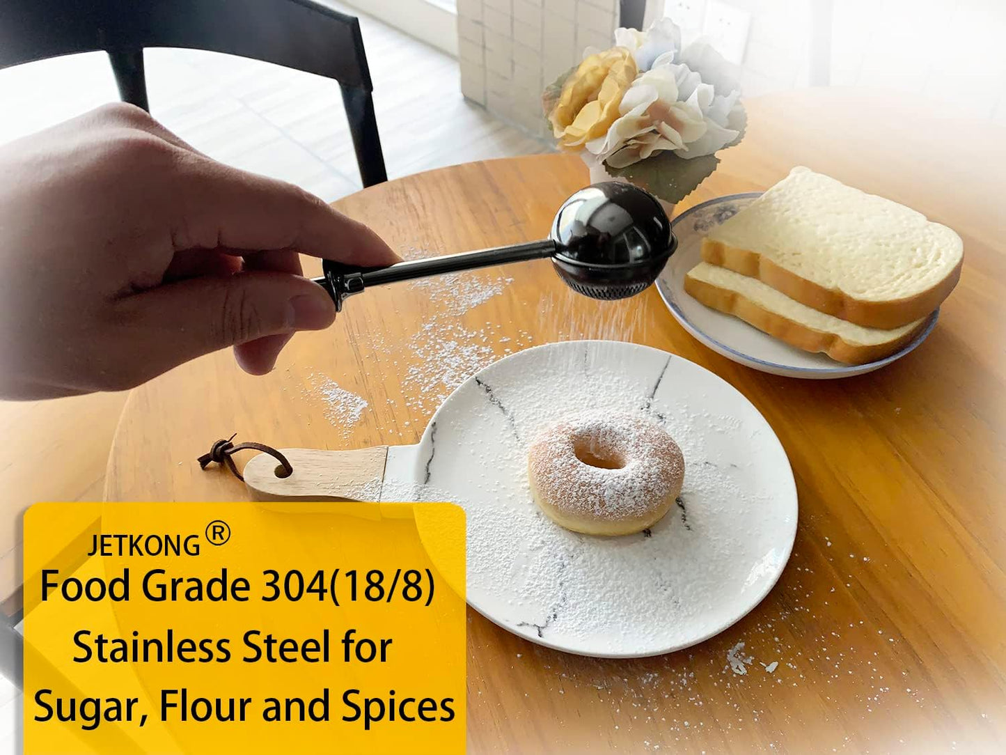 JETKONG Powdered Sugar Shaker Duster Flour Dispenser Shaker with 18/8 Stainless Steel Spring-operated Handle for Sugar Flour and Spices (Black)