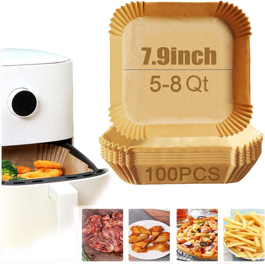 Air Fryer Disposable Paper Liner, 7.9in to 9.4inch Baking Parchment Paper Air fryer liners,100 PCS square Waterproof Oil-Proof High Temperature Cooking Non-Stick Liner for Ovens,Microwave
