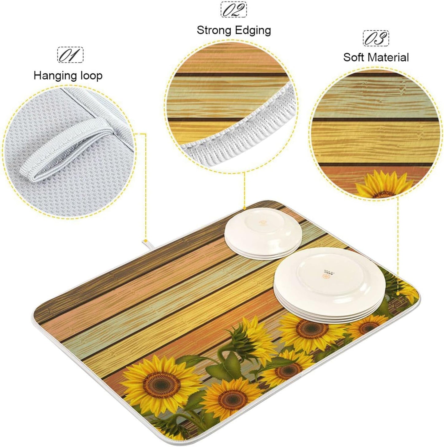 Super Absorbent Dish Drying Mat, Microfiber Fast-Drying Dish Mat, 16" x 18", Kitchen Dish Drying Pad, Sunflower On Wooden Board Vintage